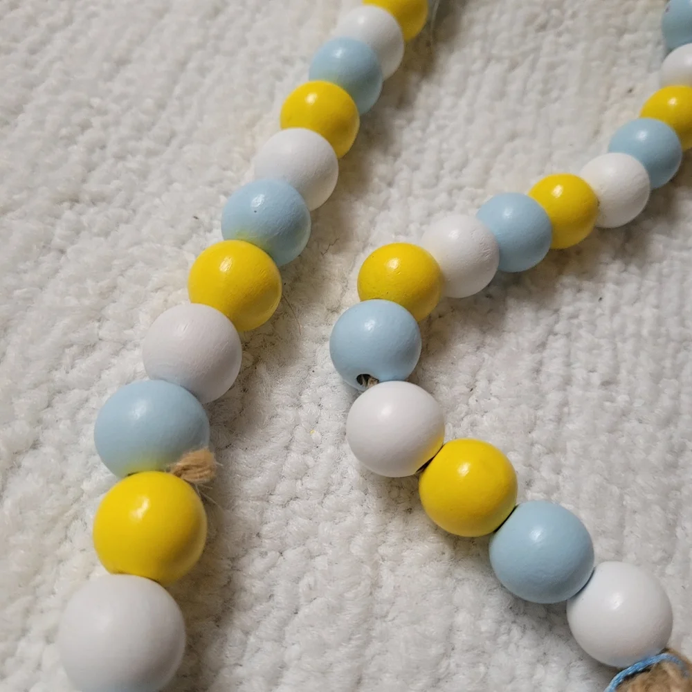 Blue and Yellow Wood Garland - Easter Themed with Tassle and Rabbit